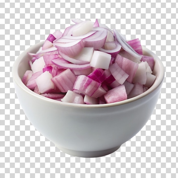 A white bowl on coped onions on transparent background