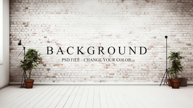 PSD white brick wall with wooden floor backdrop background