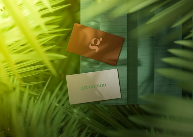 White and brown business card top view on green natural background 3d render