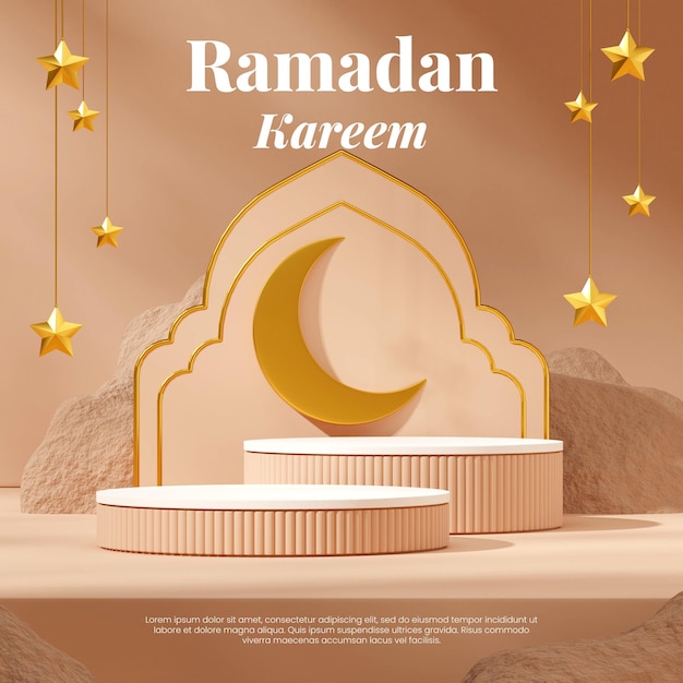 white and brown podium in square moon and stars backdrop ramadan, 3d render image template mockup