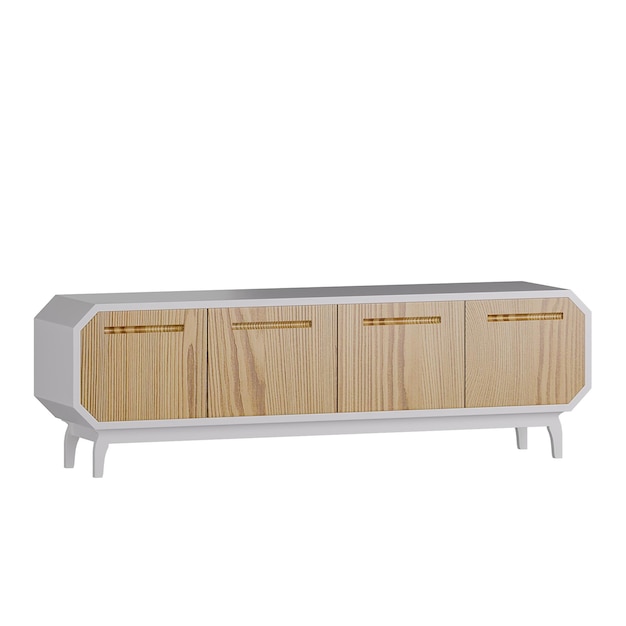 A white and brown wooden entertainment center with four drawers