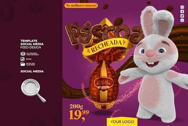 PSD coniglietto bianco con scritte in cioccolato e uovo di pasqua rosso psd premium