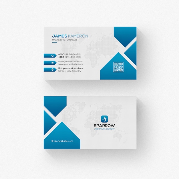 White business card with blue details