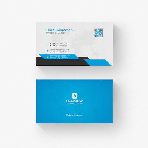 White business card with blue details