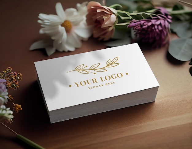 A white business card with a gold logo on it