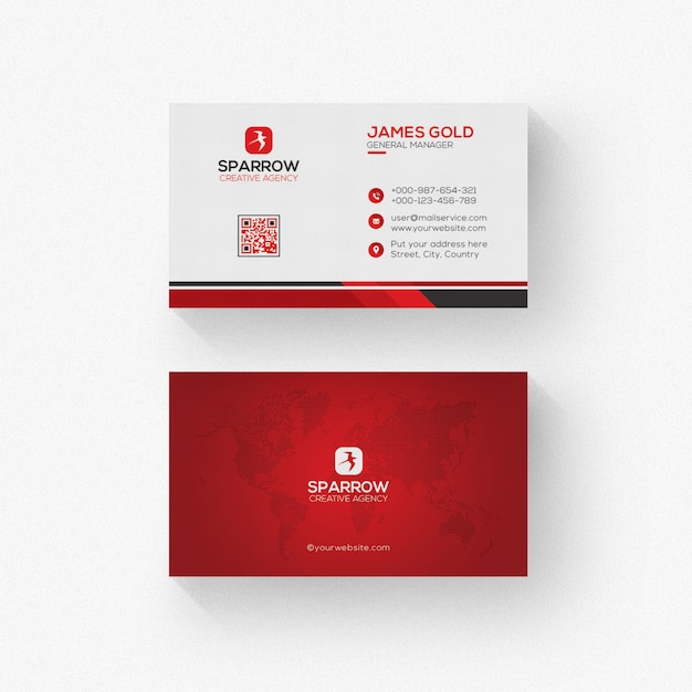 White business card with red details