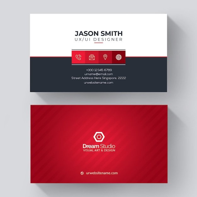 White business card with red details