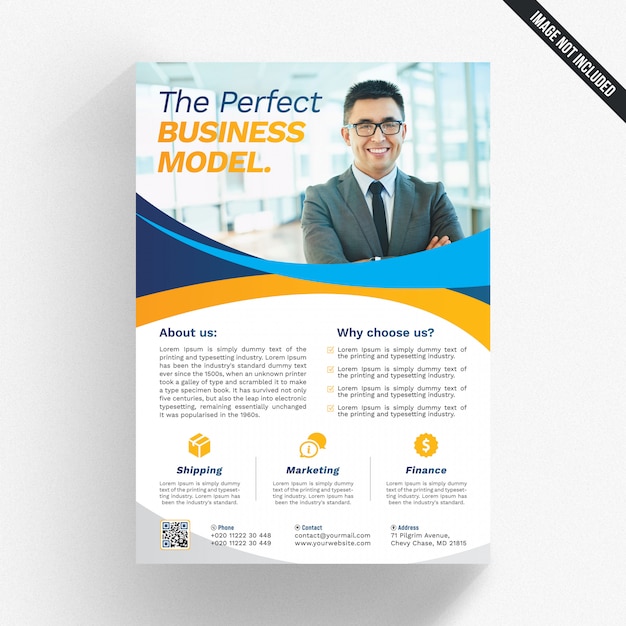 White business flyer with blue and orange details