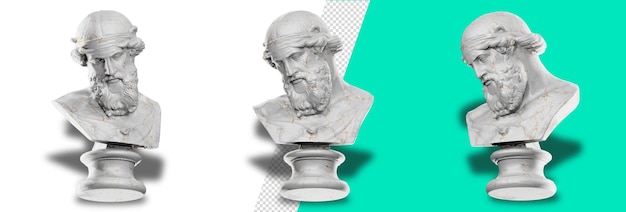 A white bust of a man with a beard is on a green and white background.