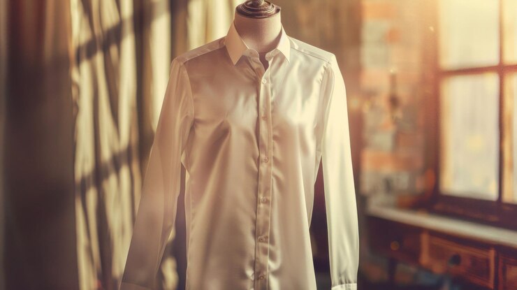 PSD a white buttondown shirt displayed on a mannequin against a backdrop of fabric and a window
