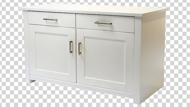 PSD white cabinet with two closed doors and two drawer isolated on transparent background
