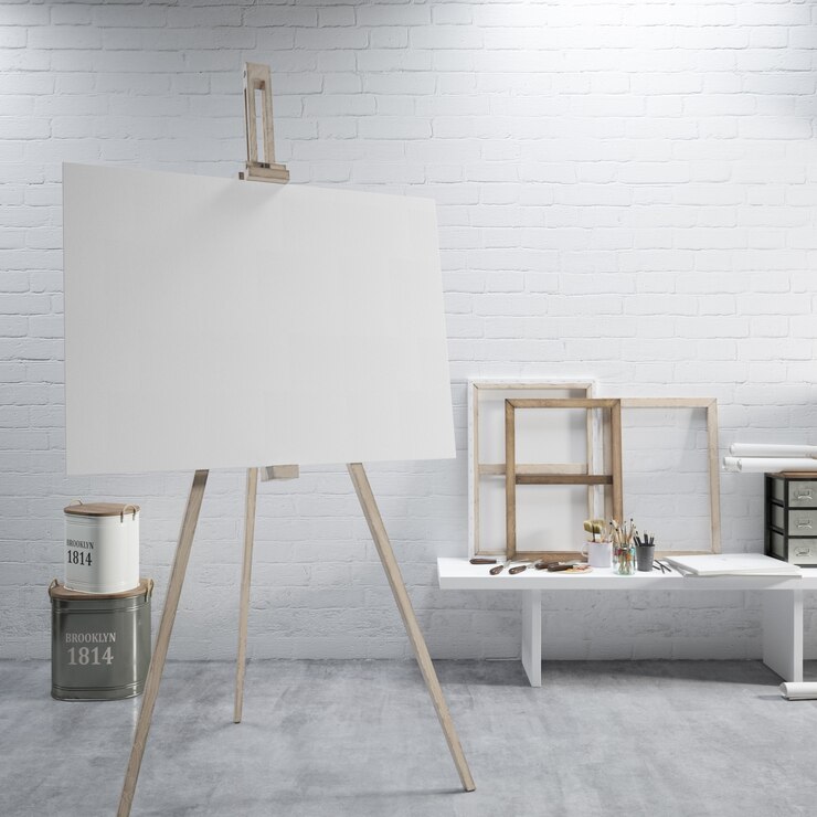 PSD white canvas on a easel at the art room