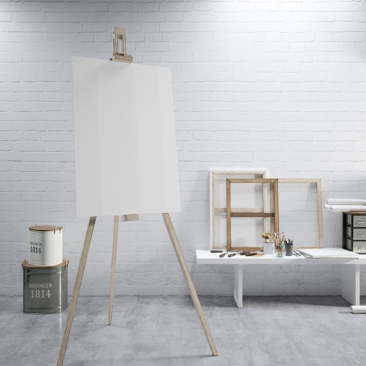 PSD white canvas on a easel at the art room