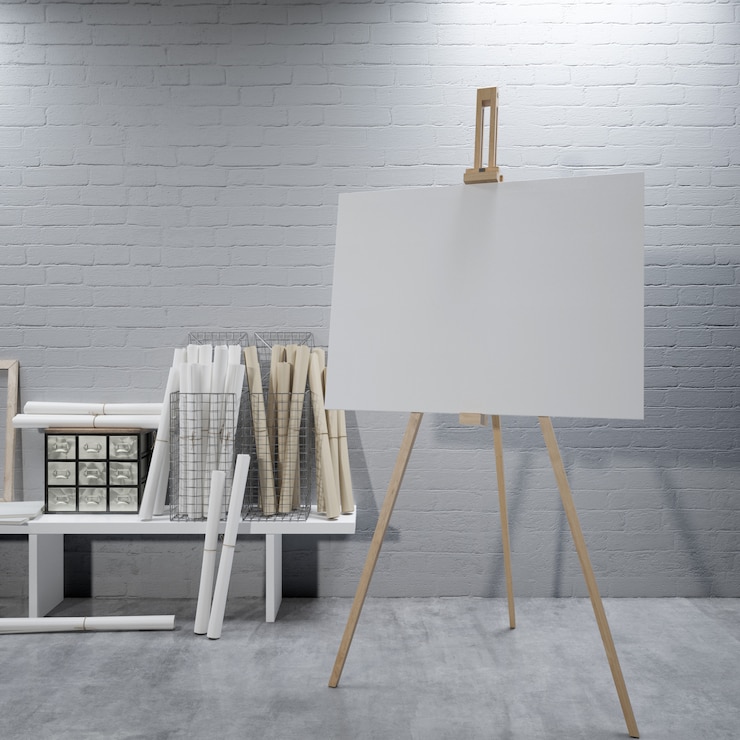 PSD white canvas on a easel at the art room