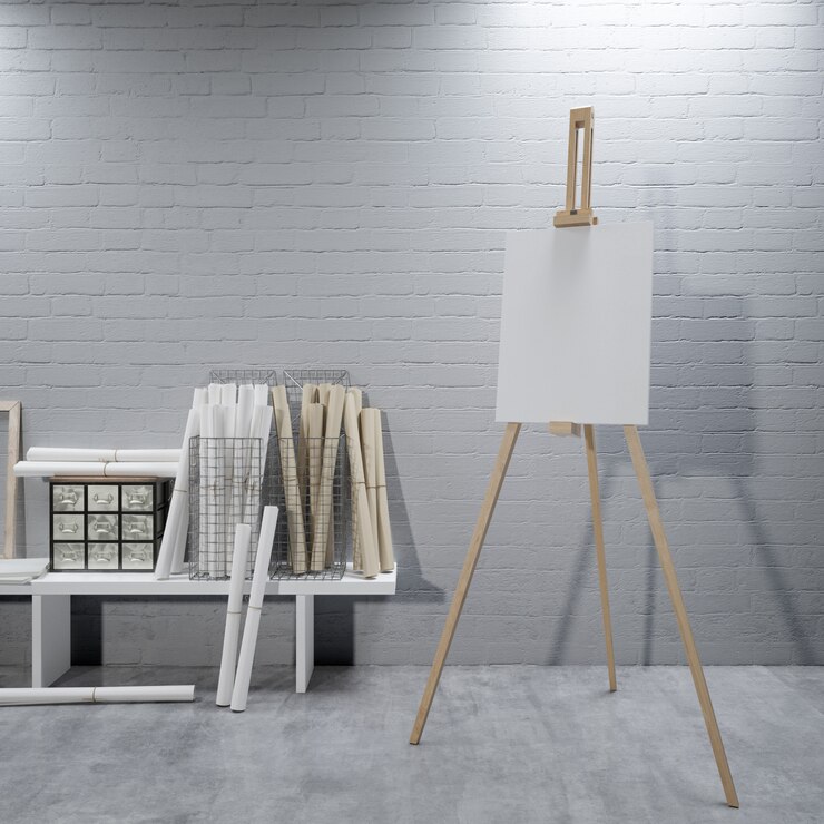 PSD white canvas on a easel at the art room