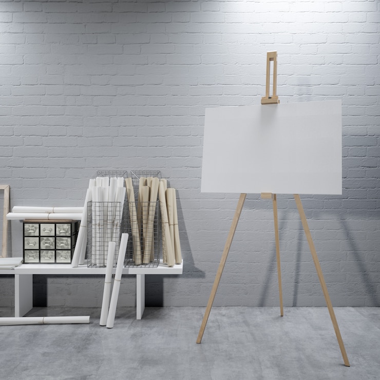 PSD white canvas on a easel at the art room