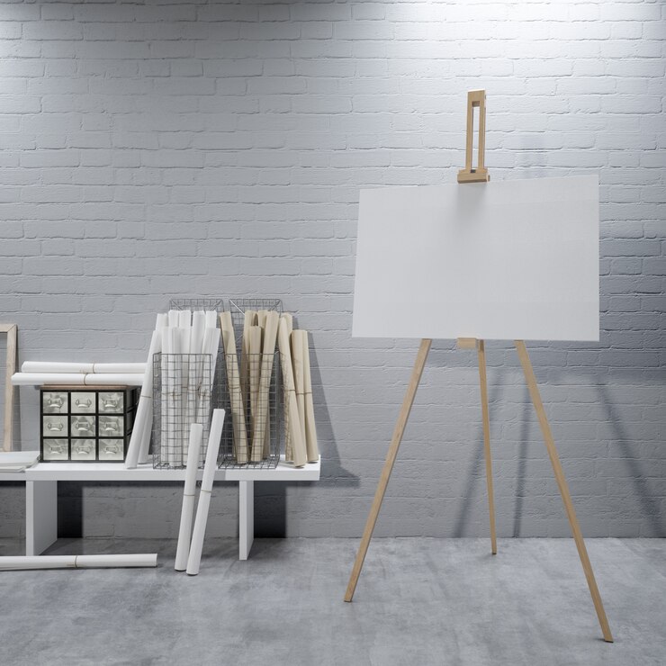 PSD white canvas on a easel at the art room