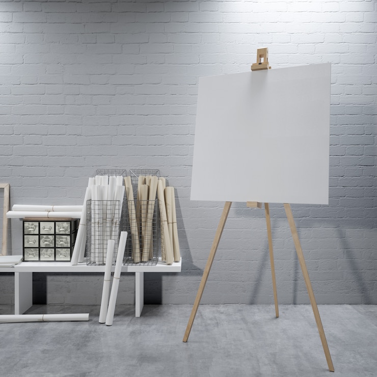 PSD white canvas on a easel at the art room