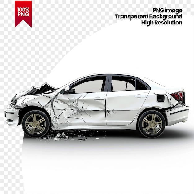 white car damaged in road accident isolated background