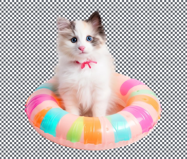 PSD white cat dog with swimming inflatable ring isolated on transparent background