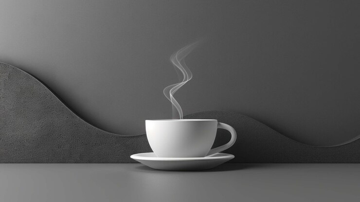 PSD a white ceramic coffee cup with steam rising from it set on a saucer against a gray background