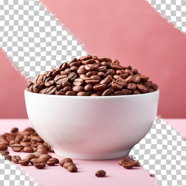 PSD 투명한 배경에 대해 분리된 커피콩이 있는 흰색 세라믹 컵