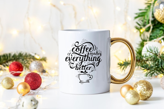 PSD white ceramic mug with golden handle mockup on xmas background with copy space for imprint your design or branding standard 11 oz cup with golden handle