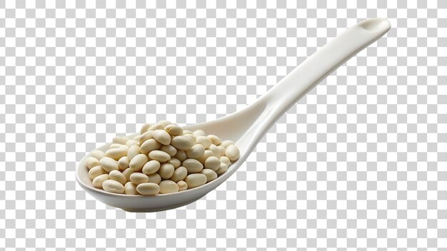 White ceramic spoon full of soybeans isolated on transparent background