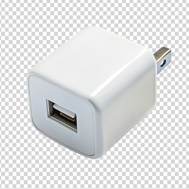 PSD a white charger with a black plug and a silver usb port on transparent background