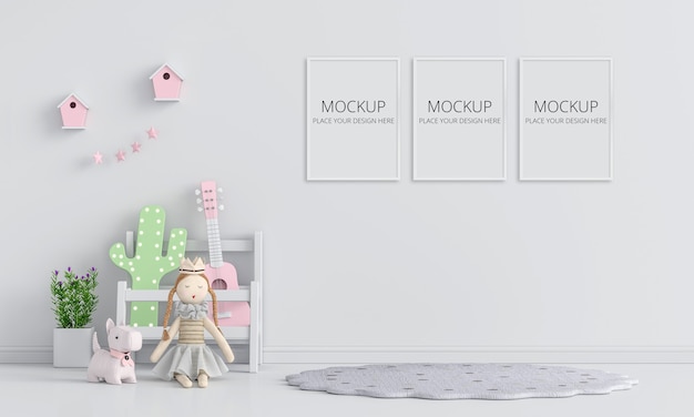 Interno bianco della stanza del bambino con il mockup del telaio