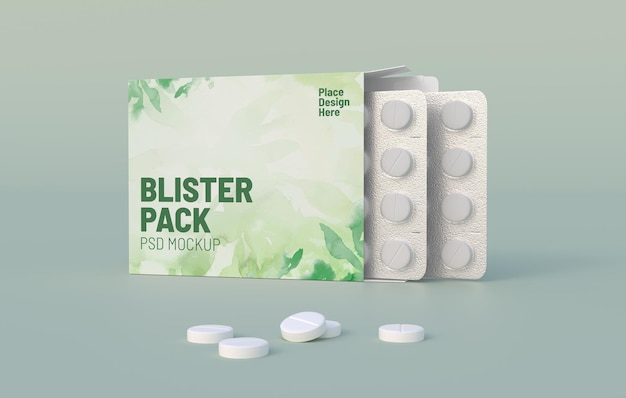 White circle pills in blister pack in cardbox packaging Mockup template 3d rendering
