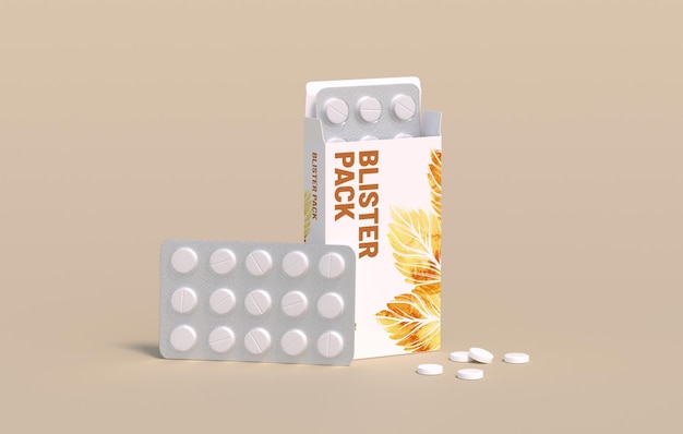 White circle pills in pack with two blisters in cardbox packaging mockup template 3d rendering