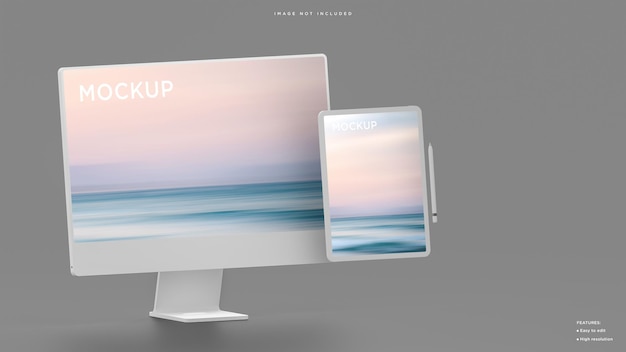 PSD white clay desktop computer and smart tablet mockup for modern official presentation 3d render