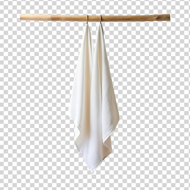 PSD white cloth hanging on wooden stick isolated on transparent background