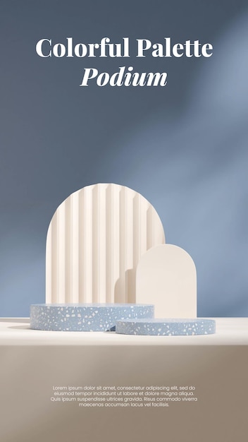 White color arch 3d image render blank mockup blue terrazzo podium in portrait