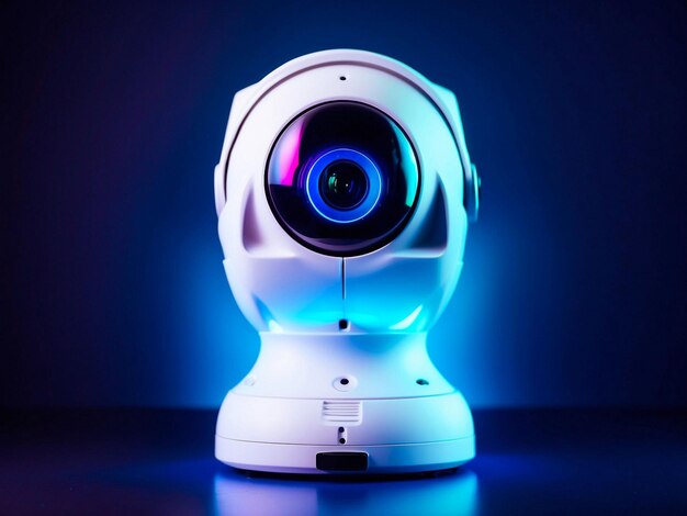 PSD white color portable security camera against dark surface in neon light