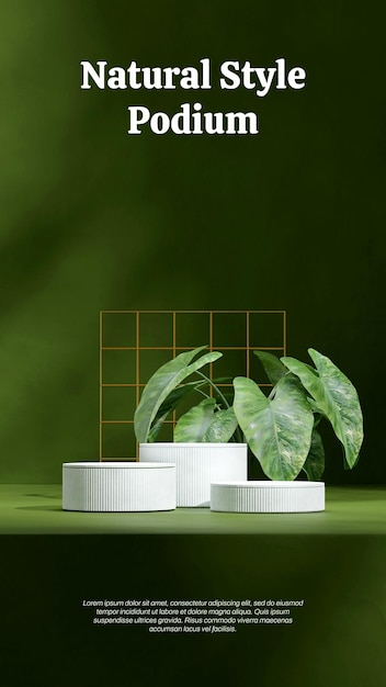 white colored cylinder podium in portrait gold grid green plant and wall 3d rendering empty space
