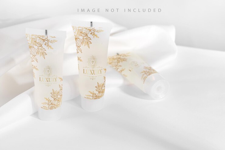 PSD white cosmetic products tube on stand with fabric drapery.