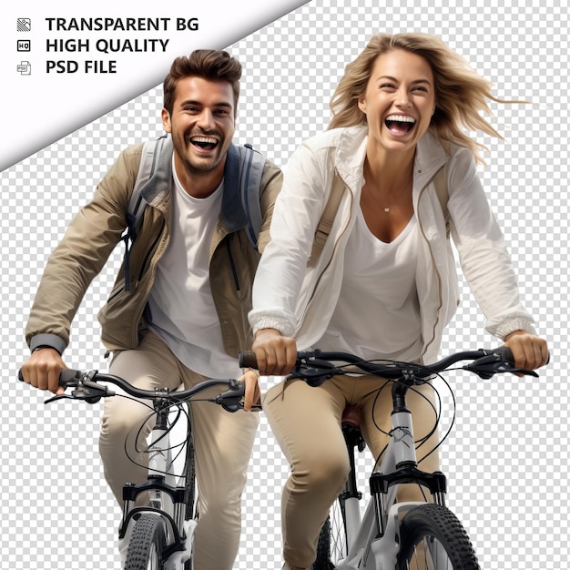 PSD white couple biking ultra realistic style white backgroun