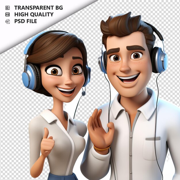 PSD white couple listening 3d cartoon style white background