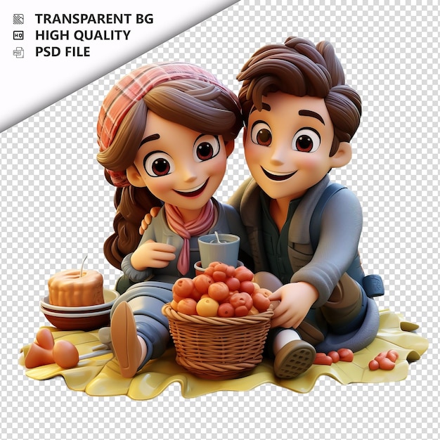 PSD white couple picnicking 3d cartoon style white background