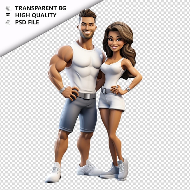 PSD white couple training 3d cartoon style white background i