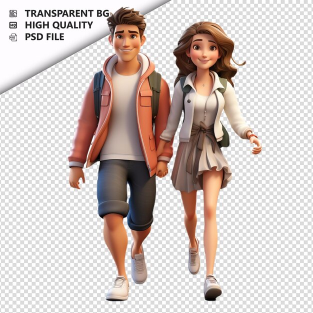 White couple walking 3d cartoon style white background is