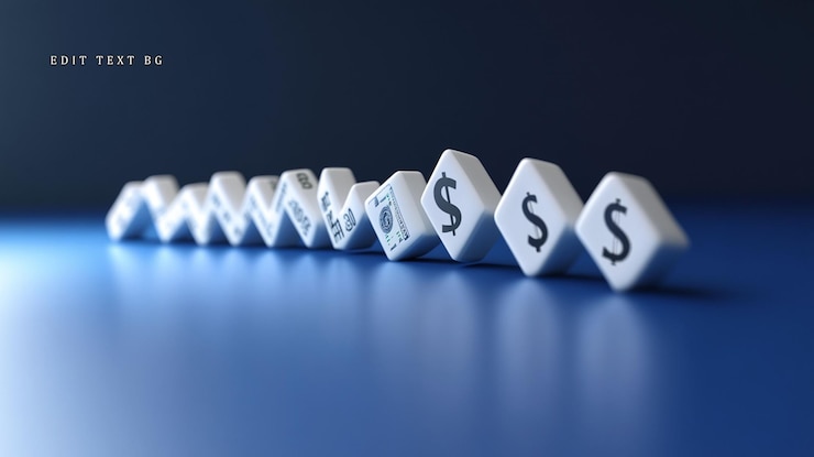 PSD white cubes with dollar signs arranged in a row on a blue surface symbolizing business growth and financial success