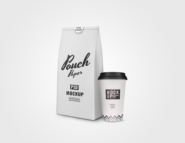 White cup and pouch mockup