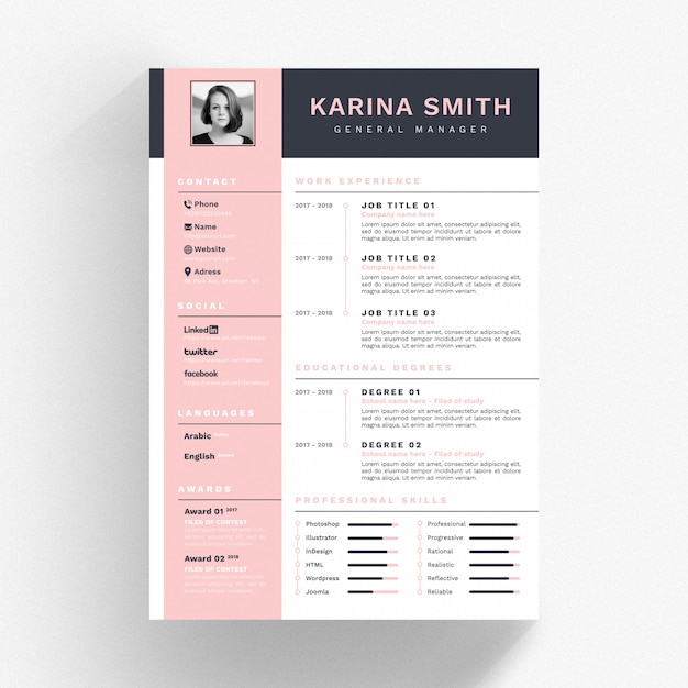 White cv template with pink and black details