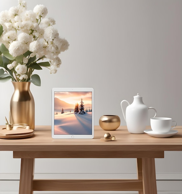 PSD Белый цифровой макет дисплея планшета, расположенный на деревянном столе с цветочным горшком