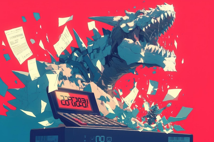 PSD a white dinosaur erupts from a calculator surrounded by flying papers and a red background