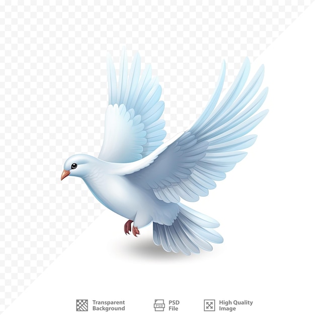A white dove with a red beak flies in front of a screen with the words