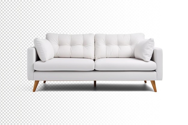 White fabric sofa with cushions on transparent background psd